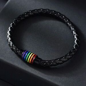 New Pride LGBTQ+ Mens, Womens Braided Rainbow Striped Pattern Black Bracelet‎